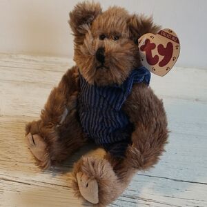 1993 Vintage 8" Ty Attic Treasures Brown Jointed Teddy Bear w/Blue Outfit